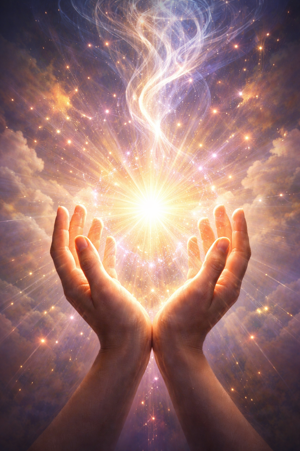Zwei offene Hände mit leuchtender Lichtquelle als Symbol für Energiearbeit und feinstoffliche Energien